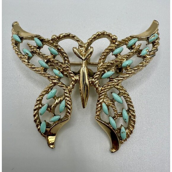 Vintage Gerry's Gold tone Butterfly Brooch Pendant Turquoise Blue Enamel - Picture 1 of 10